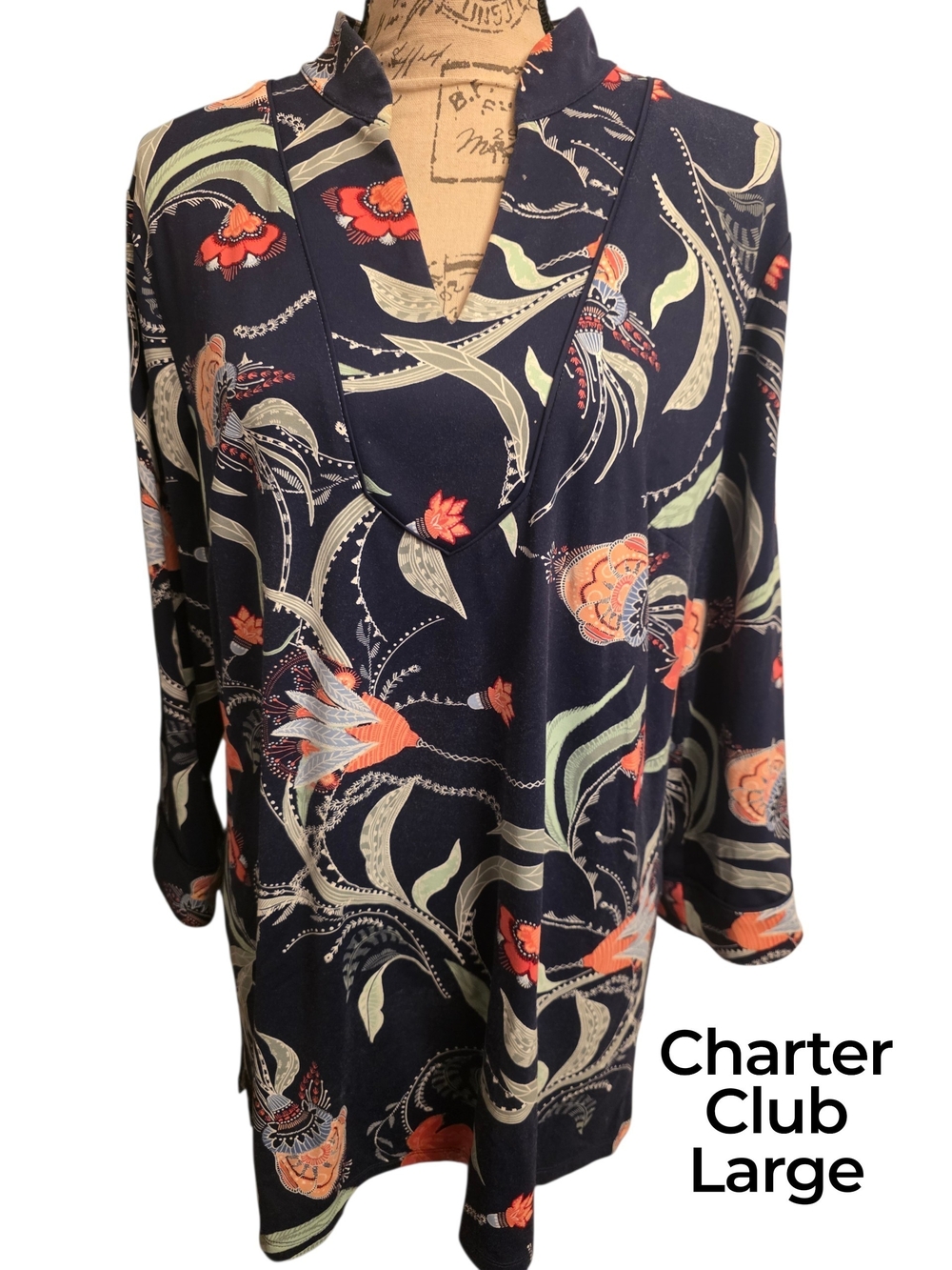 Charter Club Navy Floral V-Neck Tunic Top - Large Guc